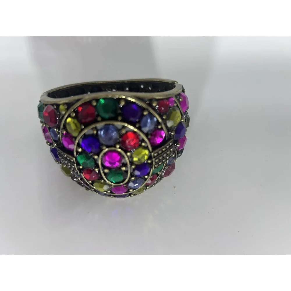 Bracelet Gold Tone Large Multicolor Rhinestone Bangle Hinged Statement Jewelry